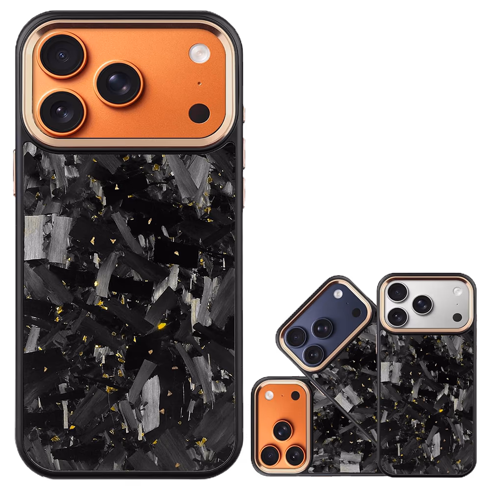 Forged-Carbon-Hülle mit goldfarbenem Kamerarahmen für die iPhone-17-Serie