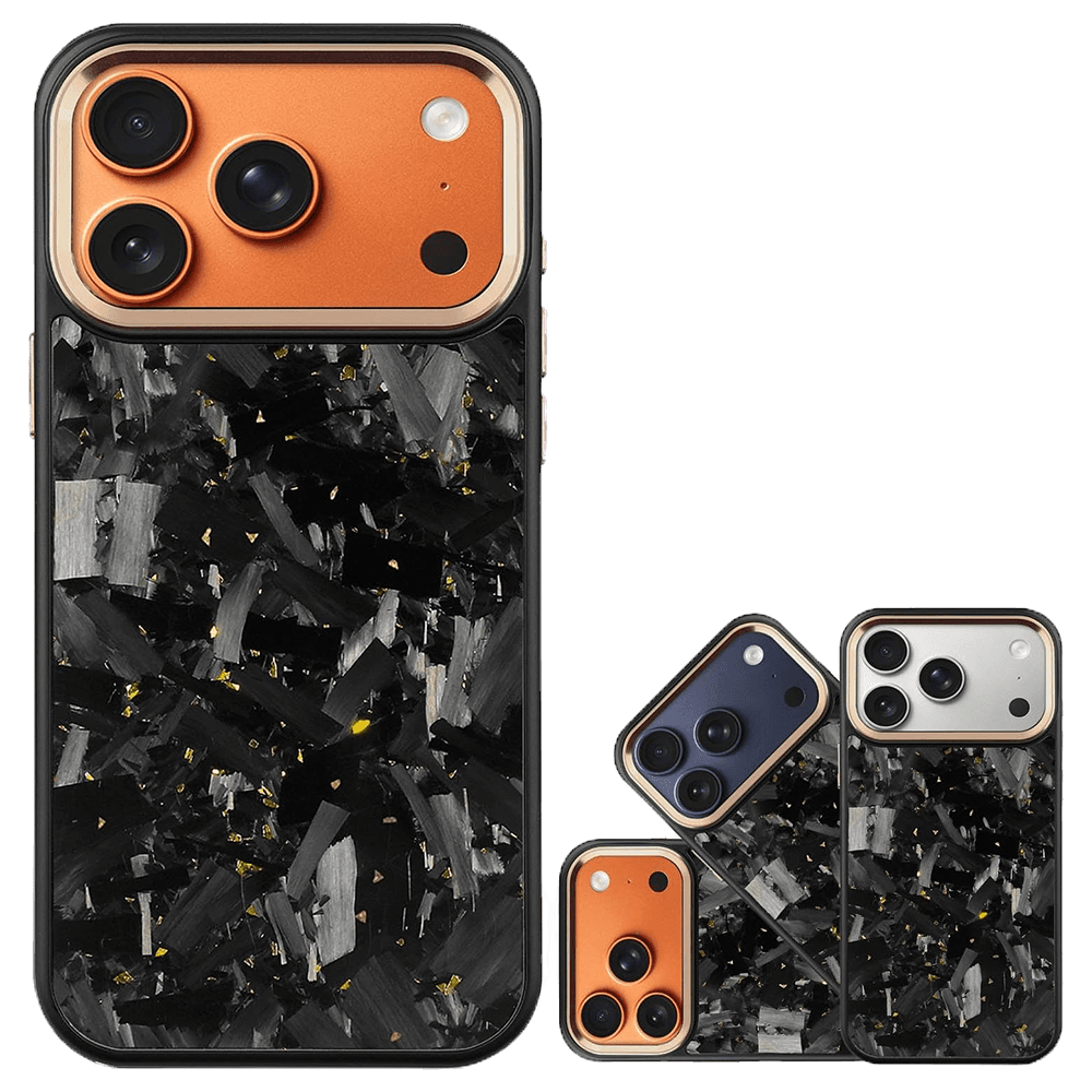 Forged-Carbon-Hülle mit goldfarbenem Kamerarahmen für die iPhone-17-Serie